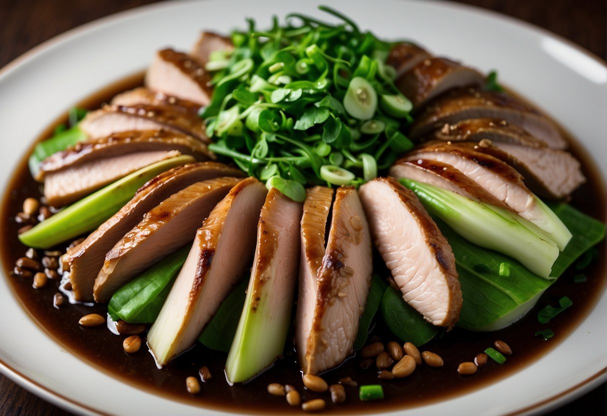 A platter of succulent braised duck surrounded by vibrant green bok choy and garnished with sliced scallions, all drizzled with a rich, savory Chinese-style sauce