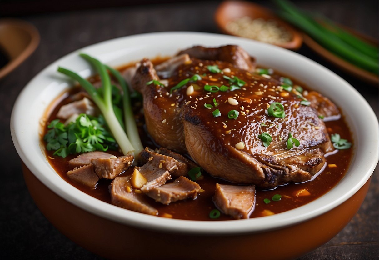 A pot of braised duck simmering in a rich, savory Chinese-style sauce, surrounded by aromatic spices like star anise, ginger, and green onions