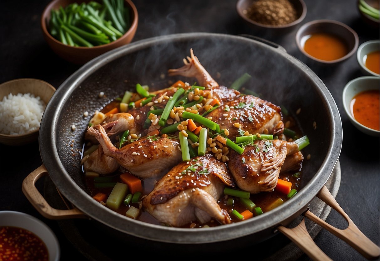 A whole duck sizzling in a wok with aromatic Chinese spices and herbs, surrounded by bowls of soy sauce, ginger, and green onions