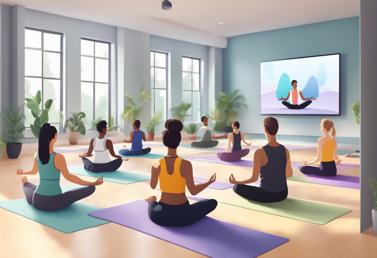 People using technology in a yoga class. Screens display virtual instructors leading various poses. Students follow along in a spacious, well-lit studio