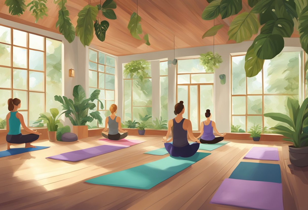 A serene yoga studio filled with natural light and lush greenery, with people peacefully practicing yoga poses in a spacious and welcoming environment