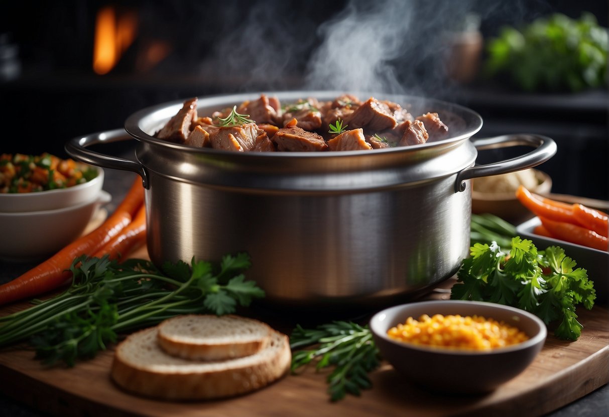 A large pot simmers on a stovetop, filled with tender chunks of braised pork leg, surrounded by aromatic Chinese spices and herbs