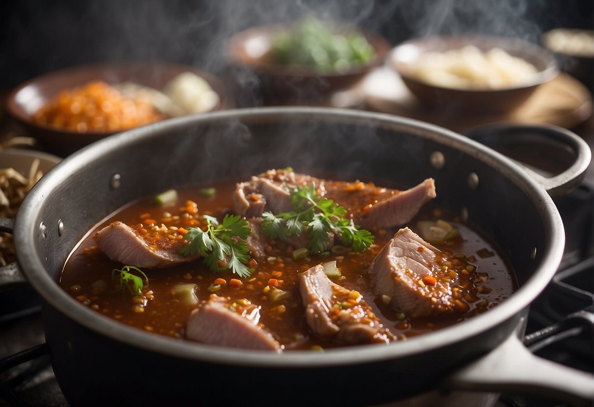Pork leg simmers in aromatic Chinese spices, filling the kitchen with a savory aroma. Steam rises from the bubbling pot as the meat tenderizes, creating a mouthwatering dish