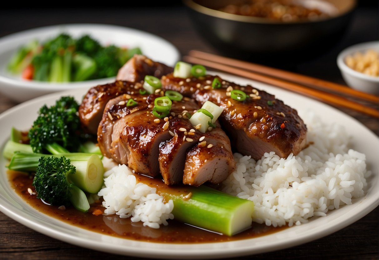 A steaming plate of braised pork leg with Chinese spices and herbs, garnished with green onions and served with a side of steamed rice and bok choy