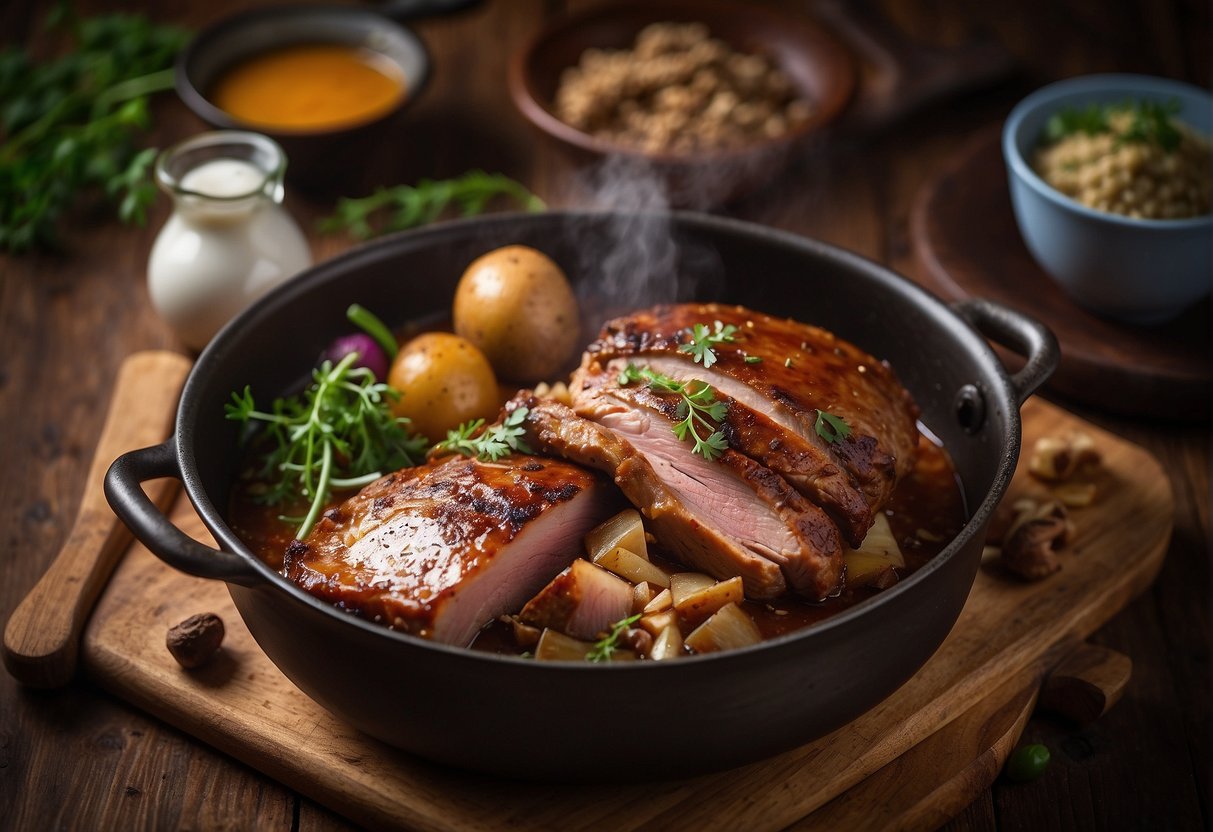 A steaming pot of braised pork leg sits on a rustic wooden table, surrounded by various ingredients and utensils. A smartphone displays a social media app with the recipe being shared and liked
