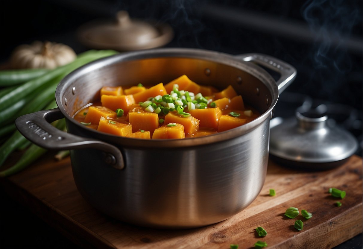 A pot of braised pumpkin sits on a stove, simmering in a rich, savory sauce. Steam rises, carrying the aroma of ginger and garlic. Green onions and sesame seeds are sprinkled on top