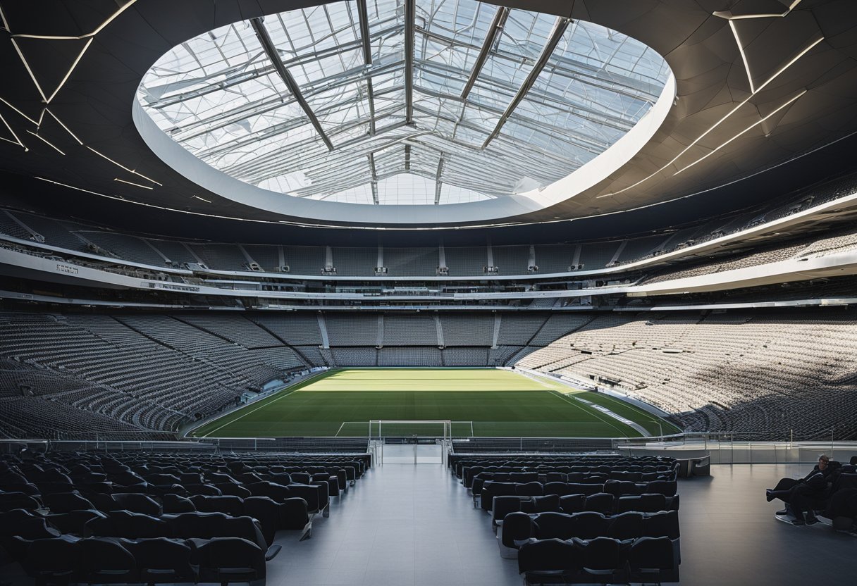 The interior of Cape Town Stadium showcases sleek, modern architectural design with sweeping lines, glass panels, and steel beams