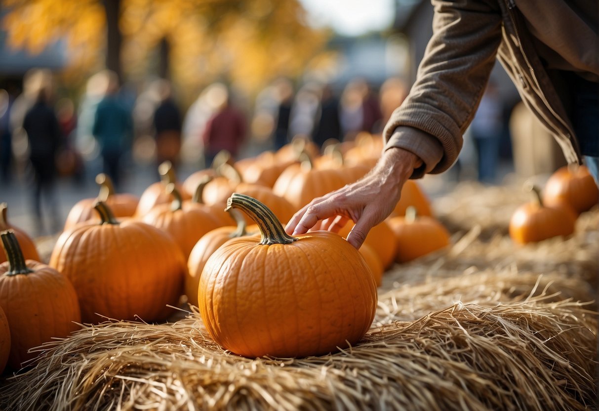A hand reaches for a round, vibrant pumpkin in a rustic outdoor market, surrounded by hay and autumn foliage