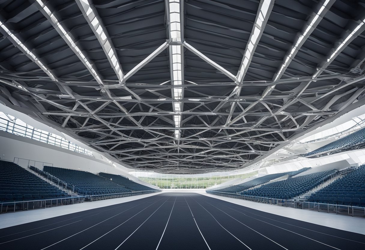 The intricate steel trusses intersect above the stadium's vast interior, supporting the iconic elliptical roof structure. The transparent facade allows natural light to flood the space, highlighting the innovative engineering design