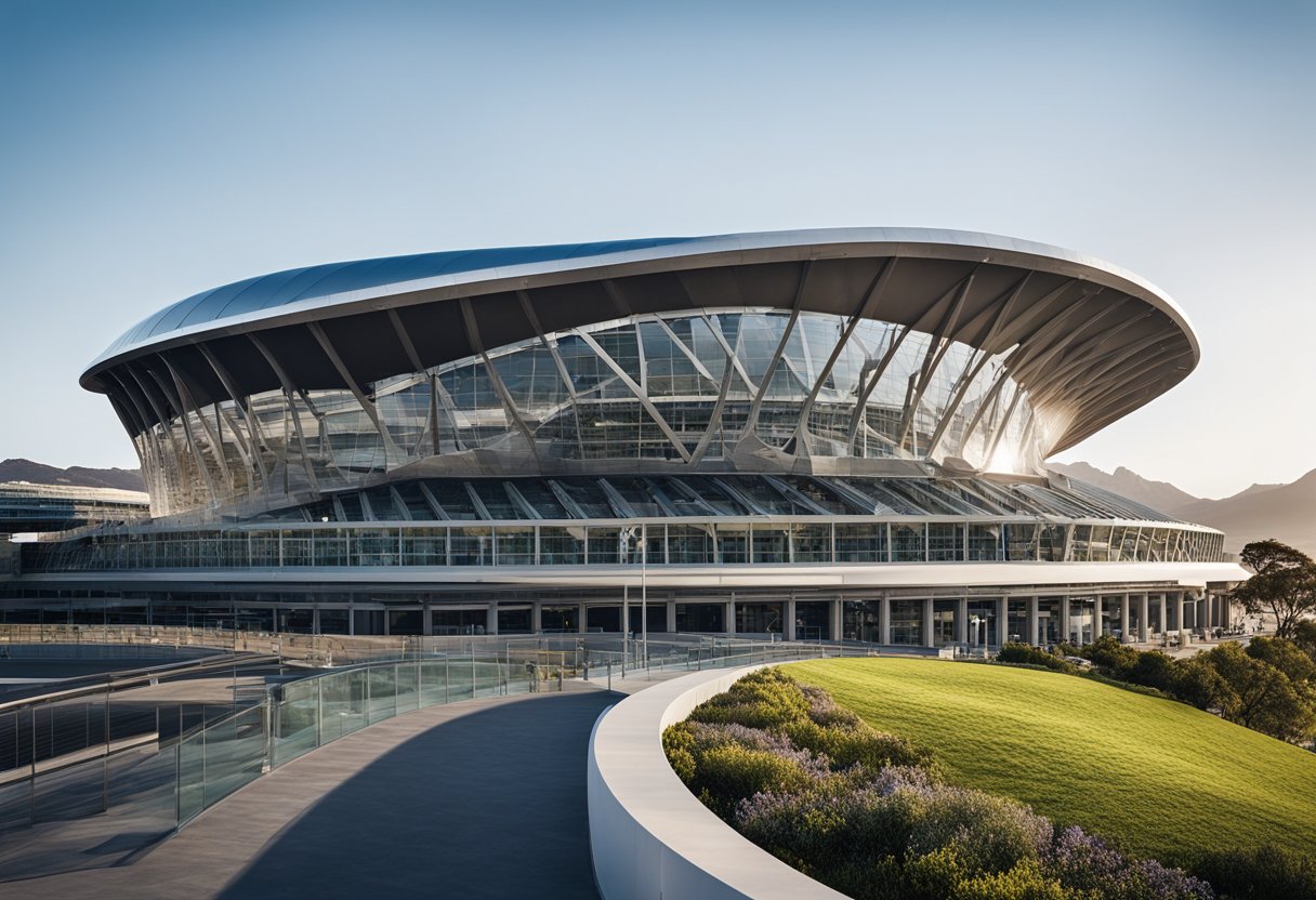 The Cape Town Stadium is a modern, sleek structure with curved lines and a unique roof design. The exterior features a combination of glass and metal, creating a visually striking and contemporary look