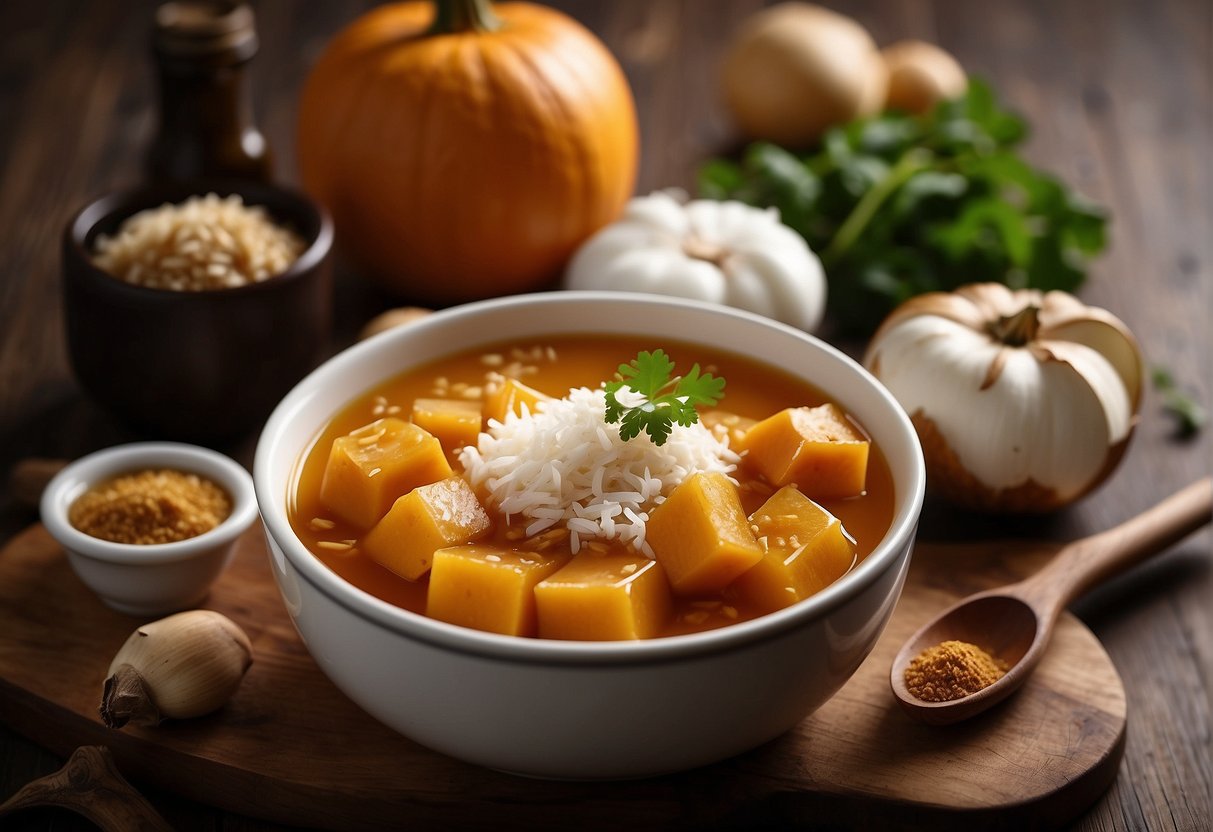 Braised pumpkin, ginger, garlic, and soy sauce on a wooden cutting board with a knife. A bowl of vegetable broth and a can of coconut milk nearby