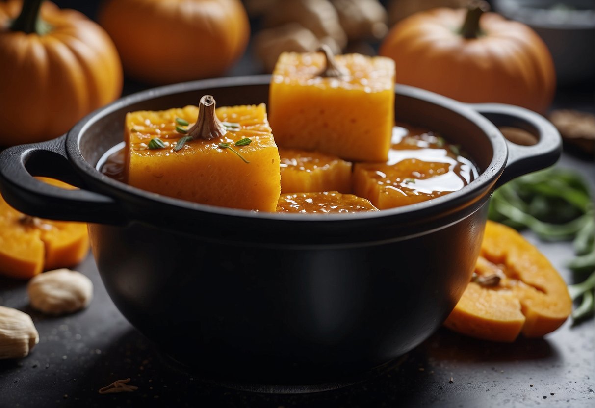 Pumpkin chunks simmer in soy sauce, ginger, and garlic. Steam rises from the pot as the savory aroma fills the kitchen
