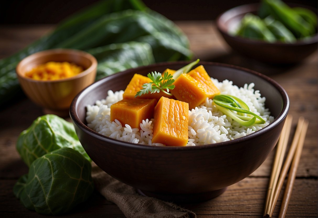 A steaming bowl of braised pumpkin sits on a rustic wooden table, surrounded by vibrant green bok choy and fragrant jasmine rice. A pair of elegant chopsticks rests next to the bowl, ready for use