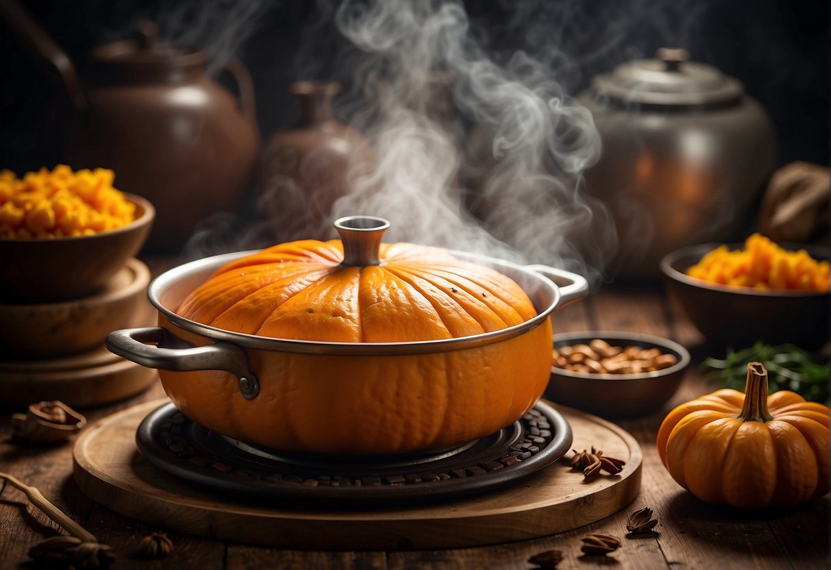 A steaming pot of braised pumpkin sits on a wooden table, surrounded by traditional Chinese cooking ingredients and utensils
