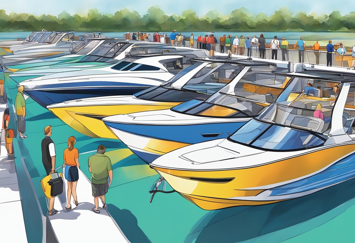 Boats of various sizes and styles line the docks at the Orlando Boat Shows, with visitors admiring the sleek designs and vibrant colors