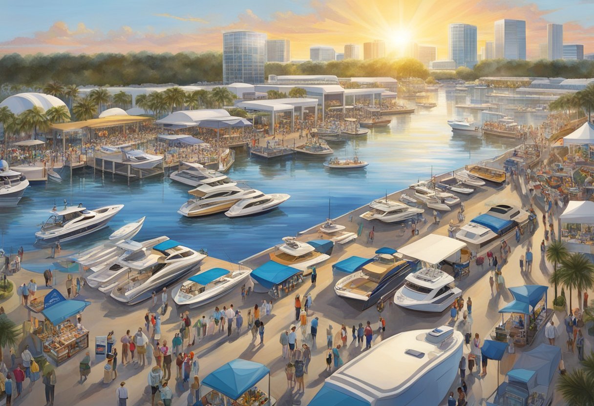 The sun shines over the Orlando Boat Shows, with boats of all sizes and types on display, surrounded by excited crowds and vendors selling marine equipment