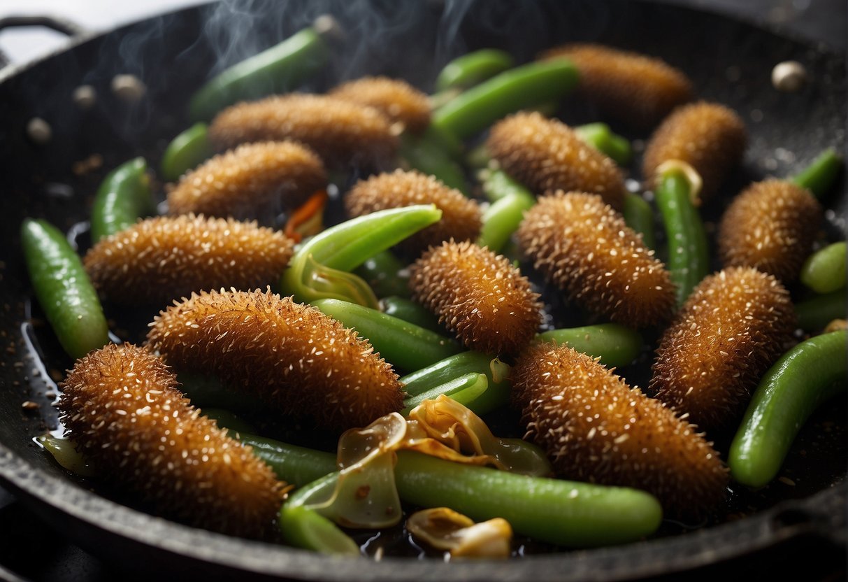 Sea cucumbers sizzle in a wok with ginger, garlic, and soy sauce. Steam rises as the rich aroma fills the kitchen