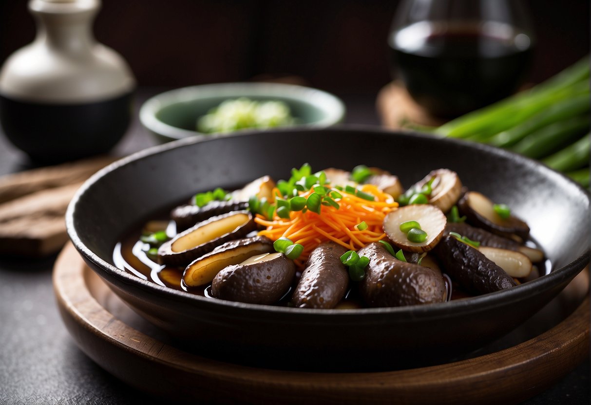 Sea cucumbers, ginger, and scallions sizzling in a wok. Soy sauce, oyster sauce, and Shaoxing wine nearby. A bowl of chicken broth and a plate of sliced shiitake mushrooms ready for the