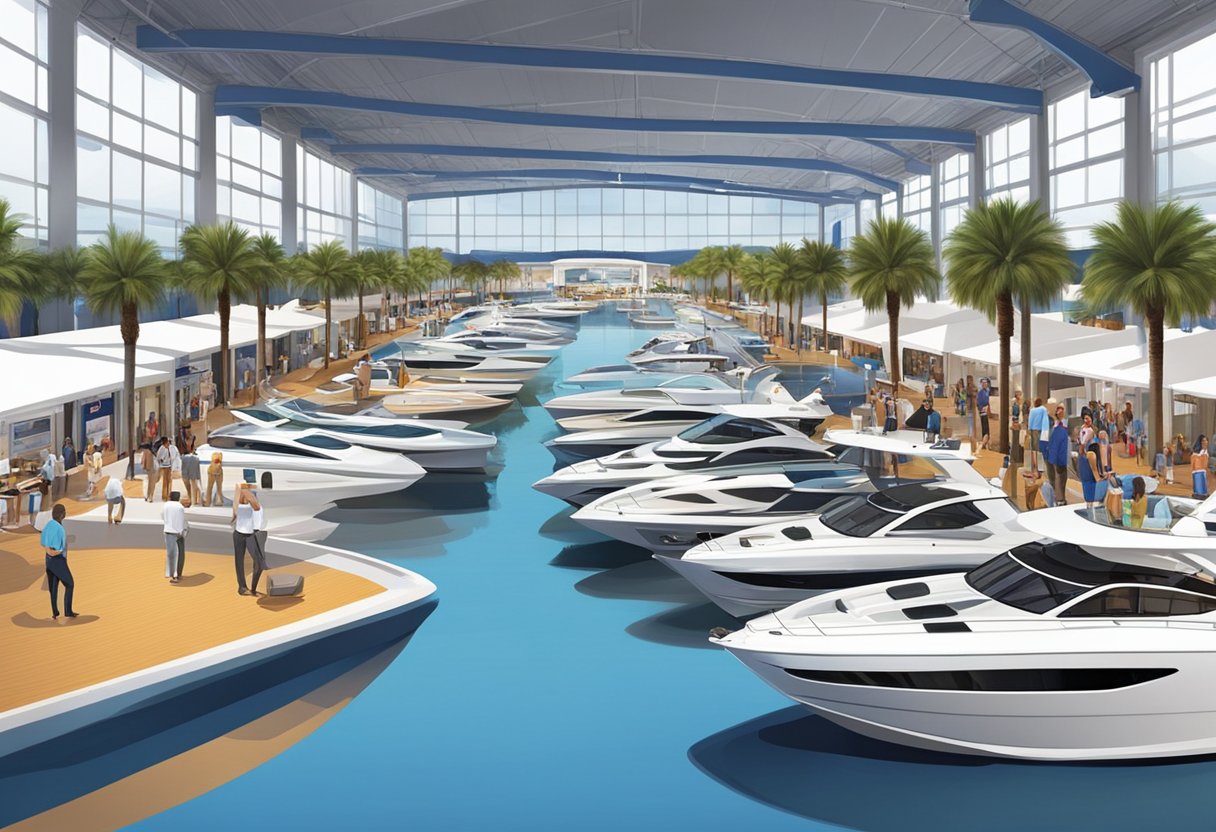 The Orlando Boat Show features a variety of boats and yachts on display, with attendees browsing and admiring the sleek designs and luxurious amenities