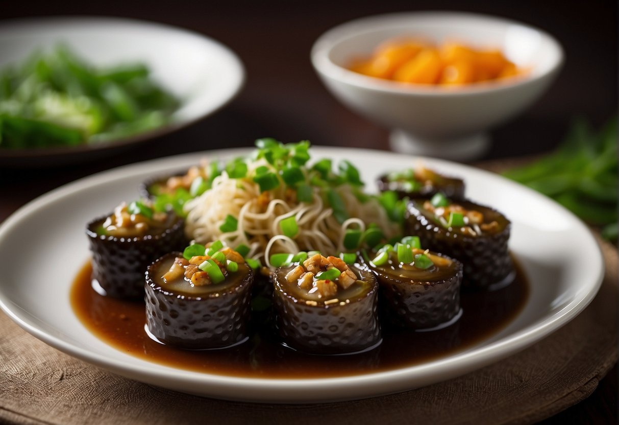 A platter of braised sea cucumbers garnished with fresh green onions and served on a traditional Chinese-style dish