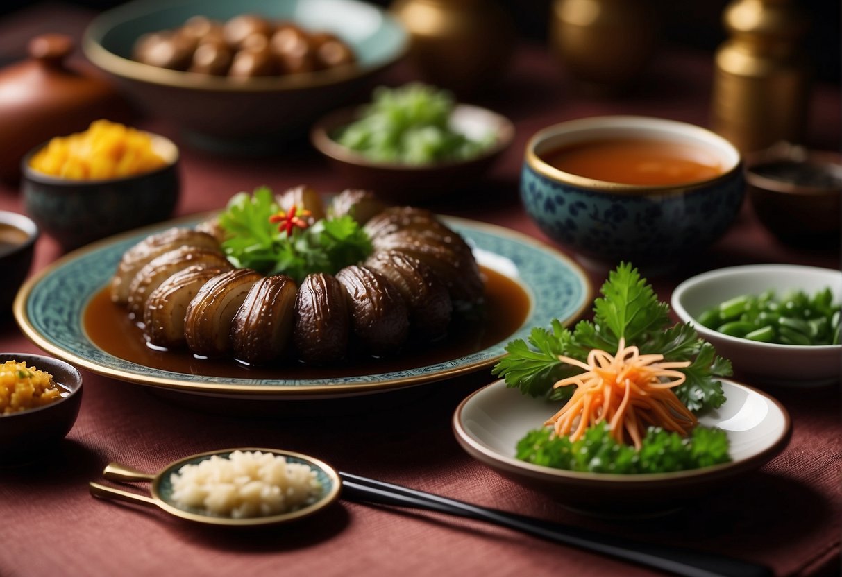 A table set with Chinese-style braised sea cucumber, surrounded by traditional utensils and cultural decorations