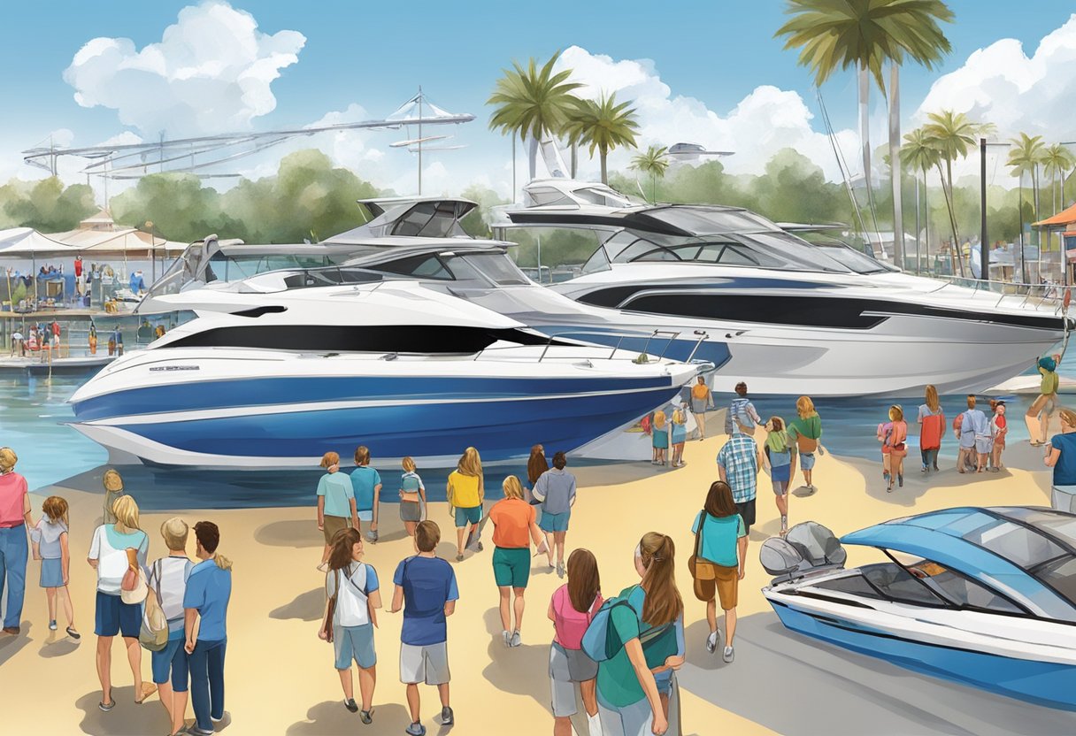 The Orlando Boat Show exhibits various boats and attractions, with attendees exploring the latest models and enjoying interactive displays