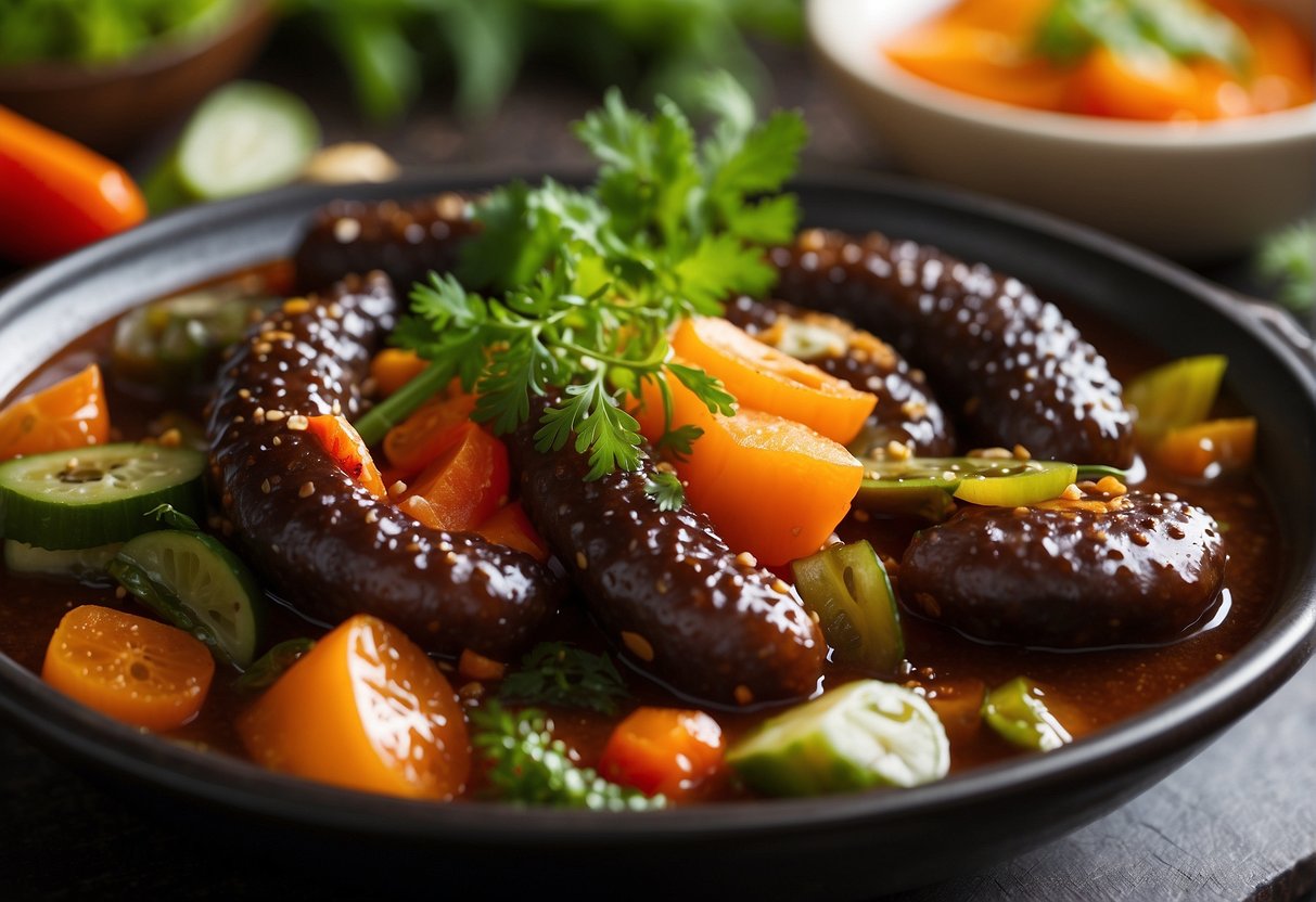 Sea cucumbers simmer in a savory Chinese sauce, surrounded by vibrant vegetables and aromatic spices