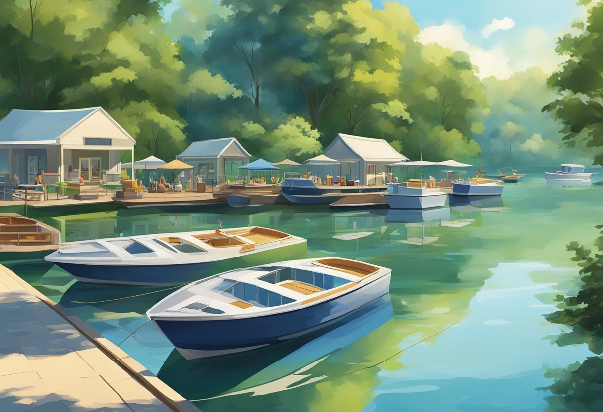 A serene lake with several boats docked, surrounded by lush green trees and a clear blue sky. The boats are varied in size and style, with people enjoying the boating lifestyle