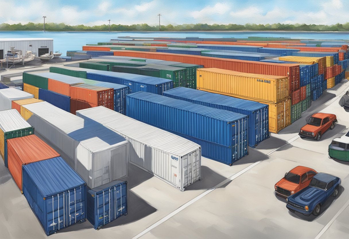 Boats line up at the dock, ready for the Orlando Boat Shows. Storage containers sit nearby, filled with supplies and equipment