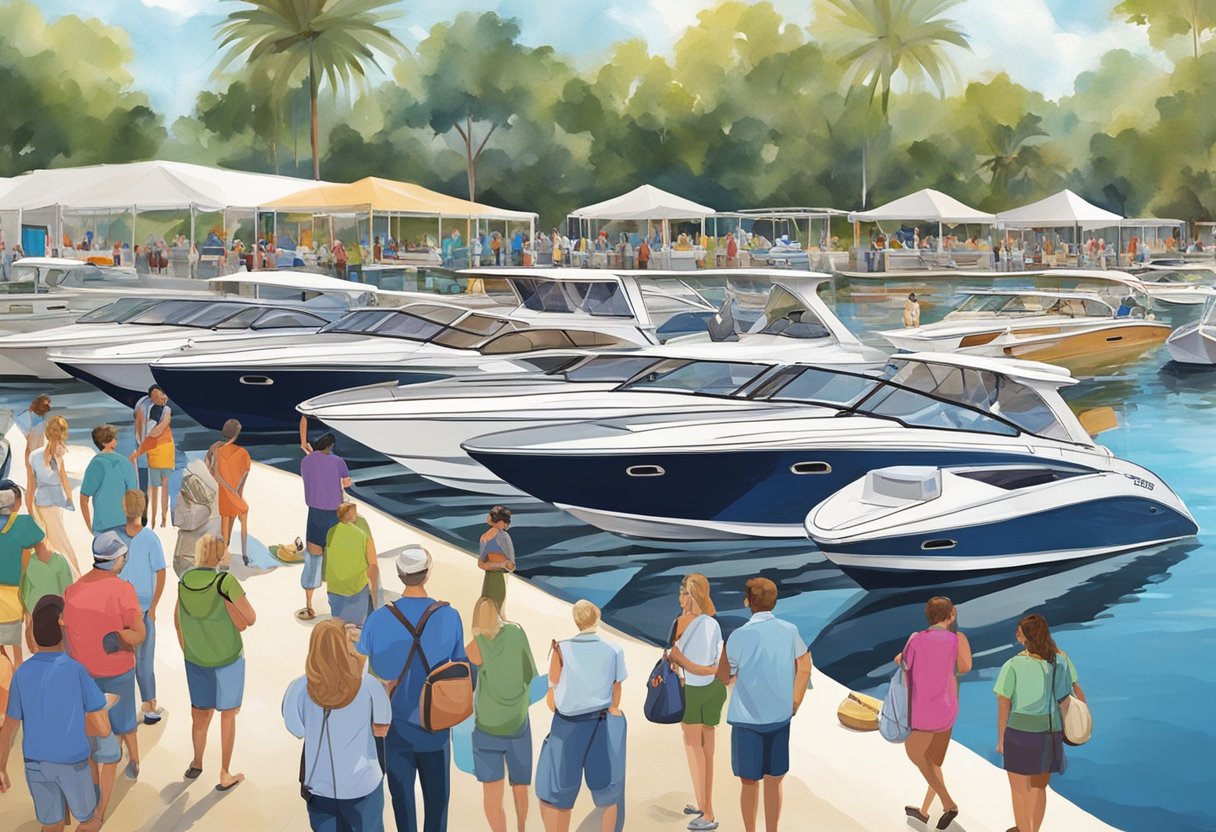 People enjoying various boats at Orlando Boat Shows. Multiple boats on display with attendees exploring and interacting with them. Exciting and diverse boating opportunities showcased