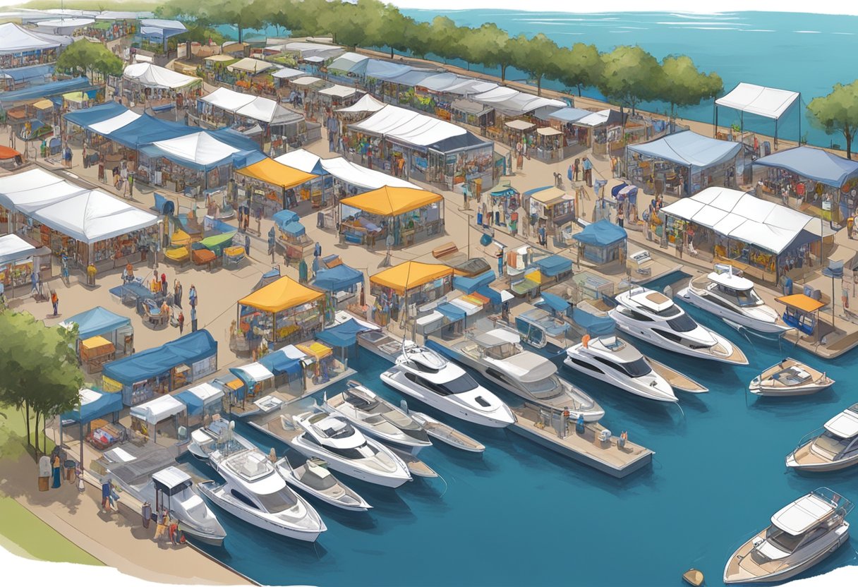 Boats docked at a marina with banners for Orlando Boat Shows. Crowd of people browsing, vendors set up tents and displays