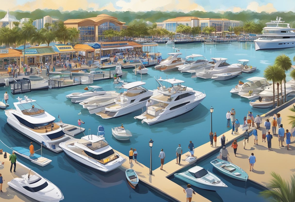 A bustling marina with boats of all shapes and sizes lined up, banners and signs promoting the Orlando Boat Shows, and people milling around, admiring the vessels