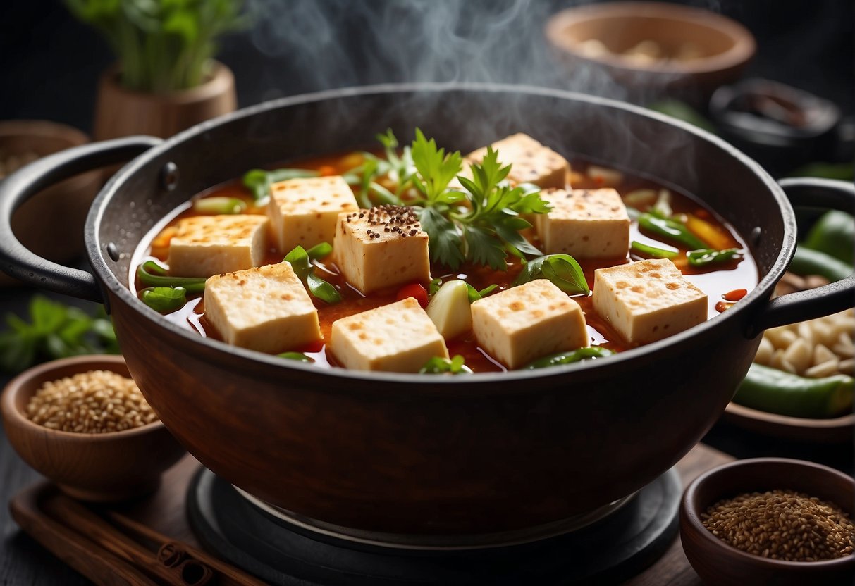 Tofu simmering in savory Chinese sauce, surrounded by aromatic spices and herbs in a traditional wok