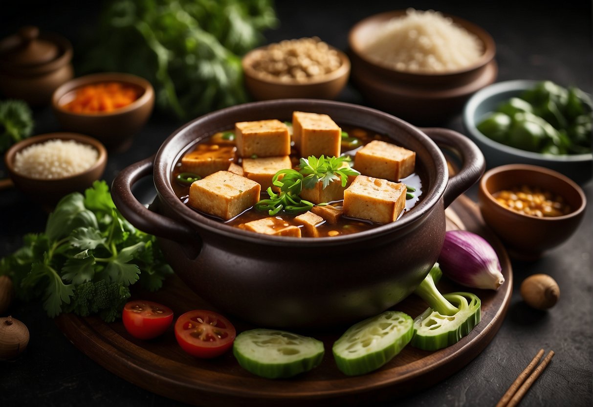 A pot of braised tofu surrounded by Chinese ingredients and potential substitutes