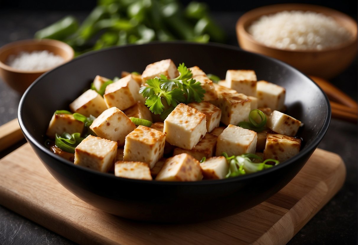 Cubed tofu simmers in soy sauce, ginger, and garlic. Vegetables are chopped and ready for stir-frying. A wok sizzles with anticipation