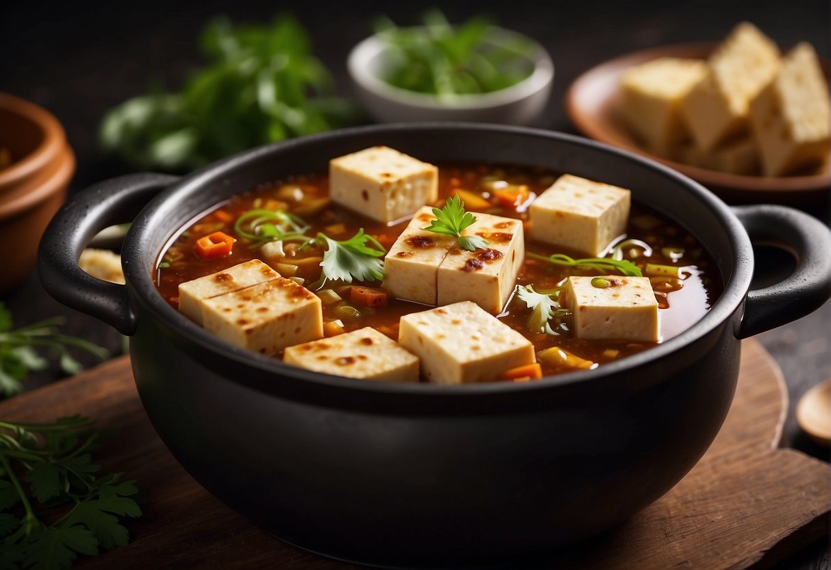 Tofu simmering in savory Chinese sauce, surrounded by aromatic spices and herbs in a bubbling pot