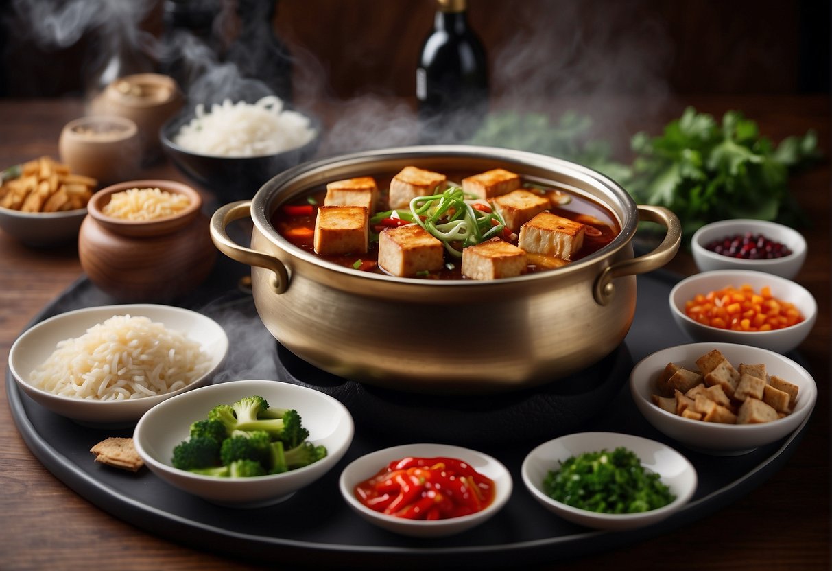 A steaming pot of braised tofu surrounded by a variety of Chinese condiments and garnishes, ready to be served with a selection of wine pairings