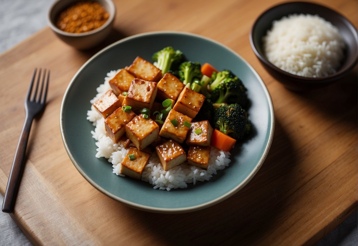 A plate of braised tofu with Chinese seasonings, accompanied by a side of steamed vegetables and a small bowl of white rice