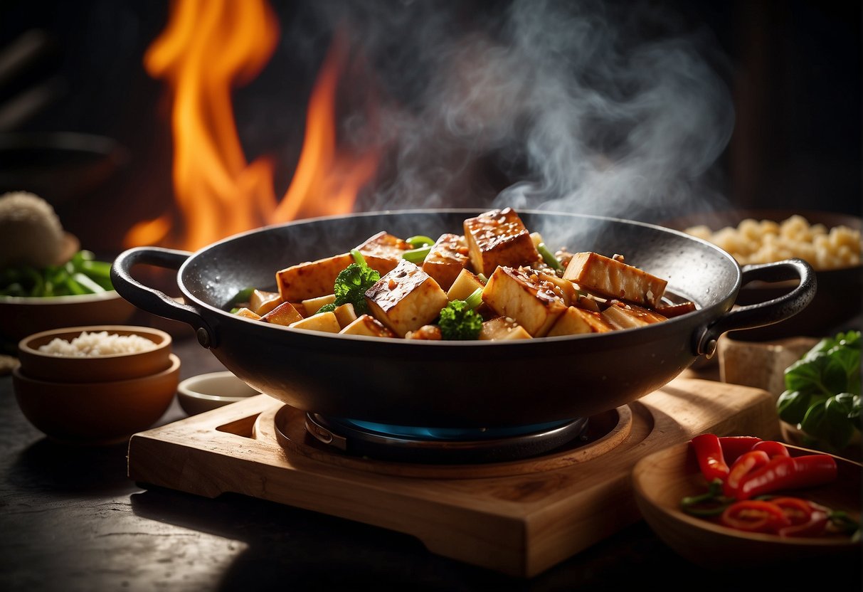 A sizzling wok with braised tofu, surrounded by traditional Chinese cooking ingredients and utensils