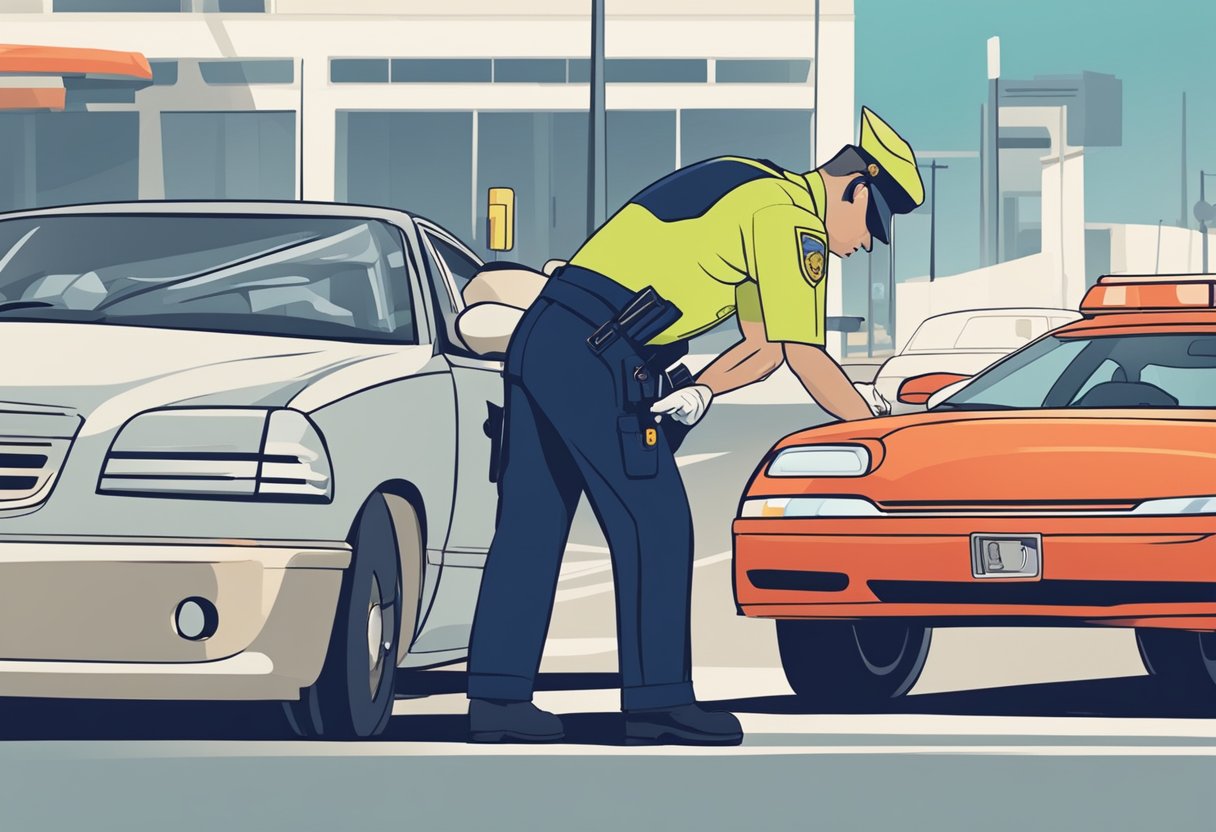 A police officer administers a breathalyzer test to a driver. The driver's car is parked on the side of the road, and a red traffic ticket can be seen on the windshield