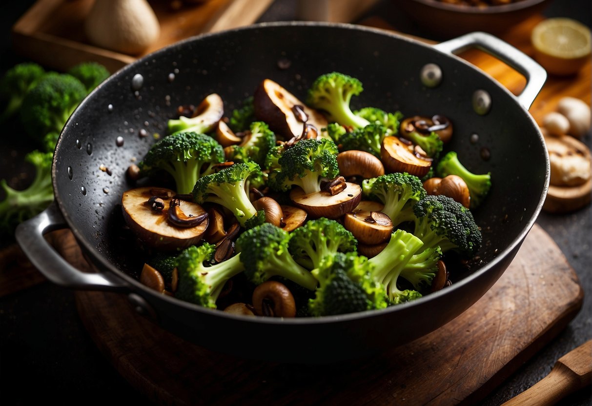 Broccoli and mushrooms sizzling in a wok with Chinese spices and sauces
