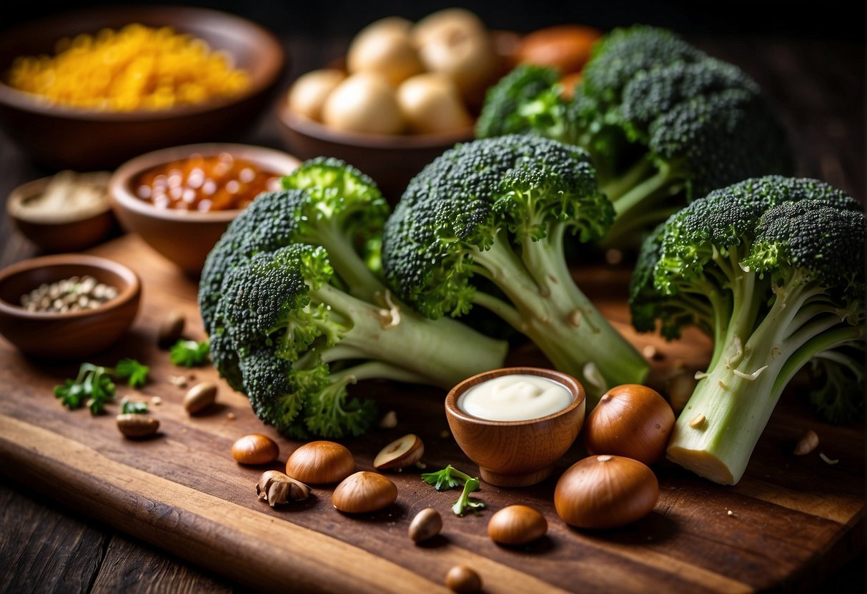 Broccoli and mushrooms arranged on a cutting board with Chinese seasonings and sauces in the background