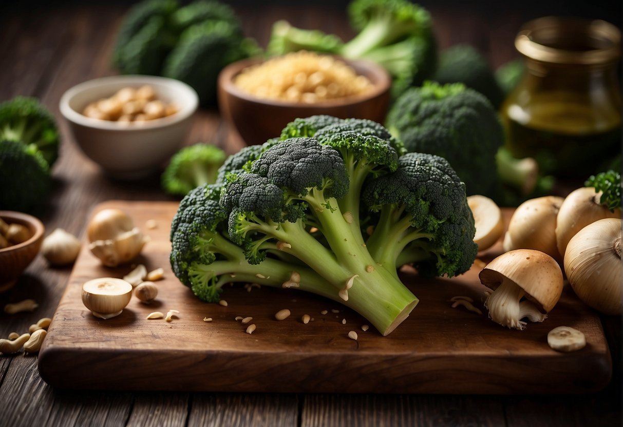 Broccoli and mushrooms arranged on a cutting board with Chinese ingredients and utensils nearby