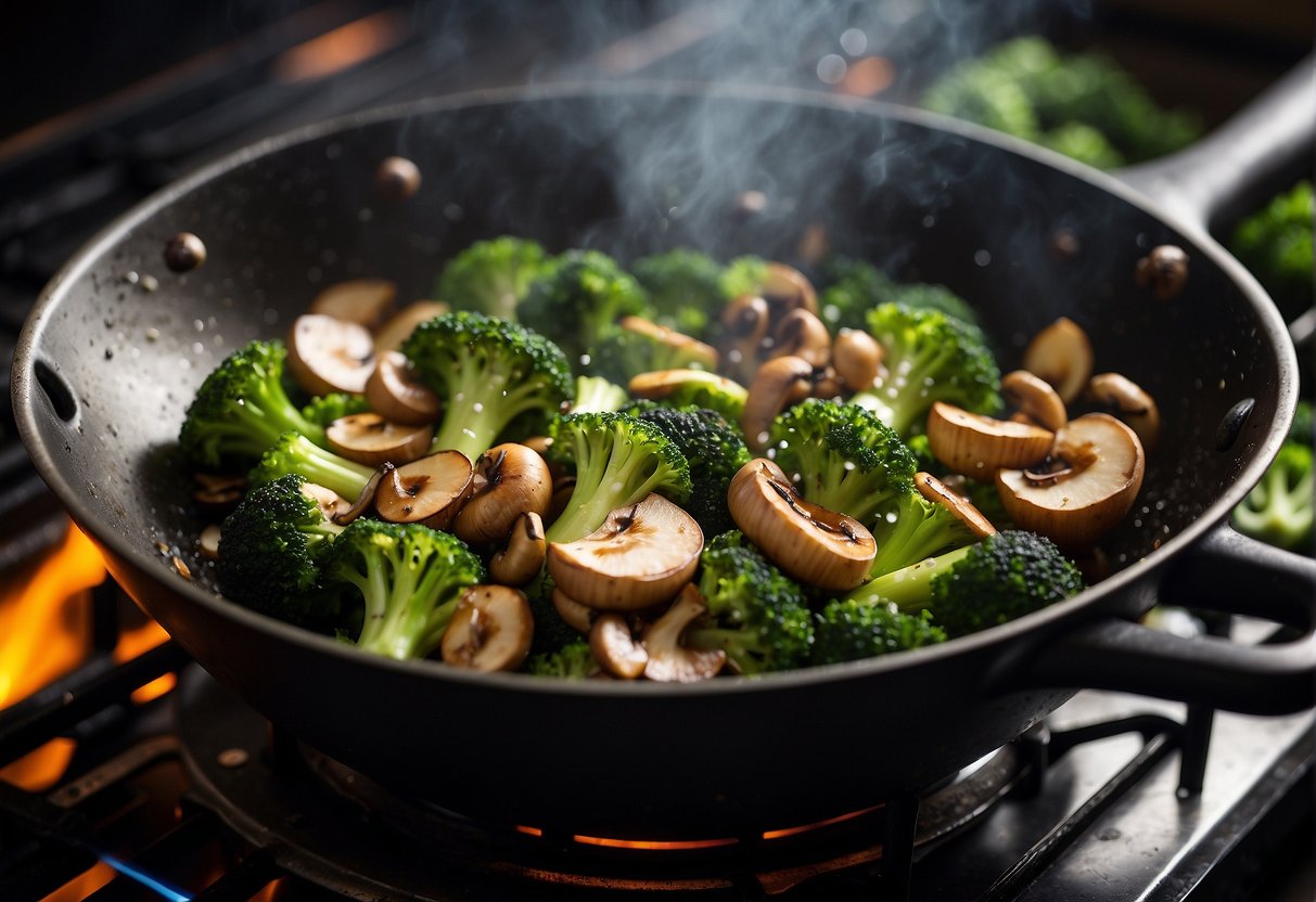 Broccoli and mushrooms stir-frying in a wok with Chinese seasonings on a sizzling hot stove
