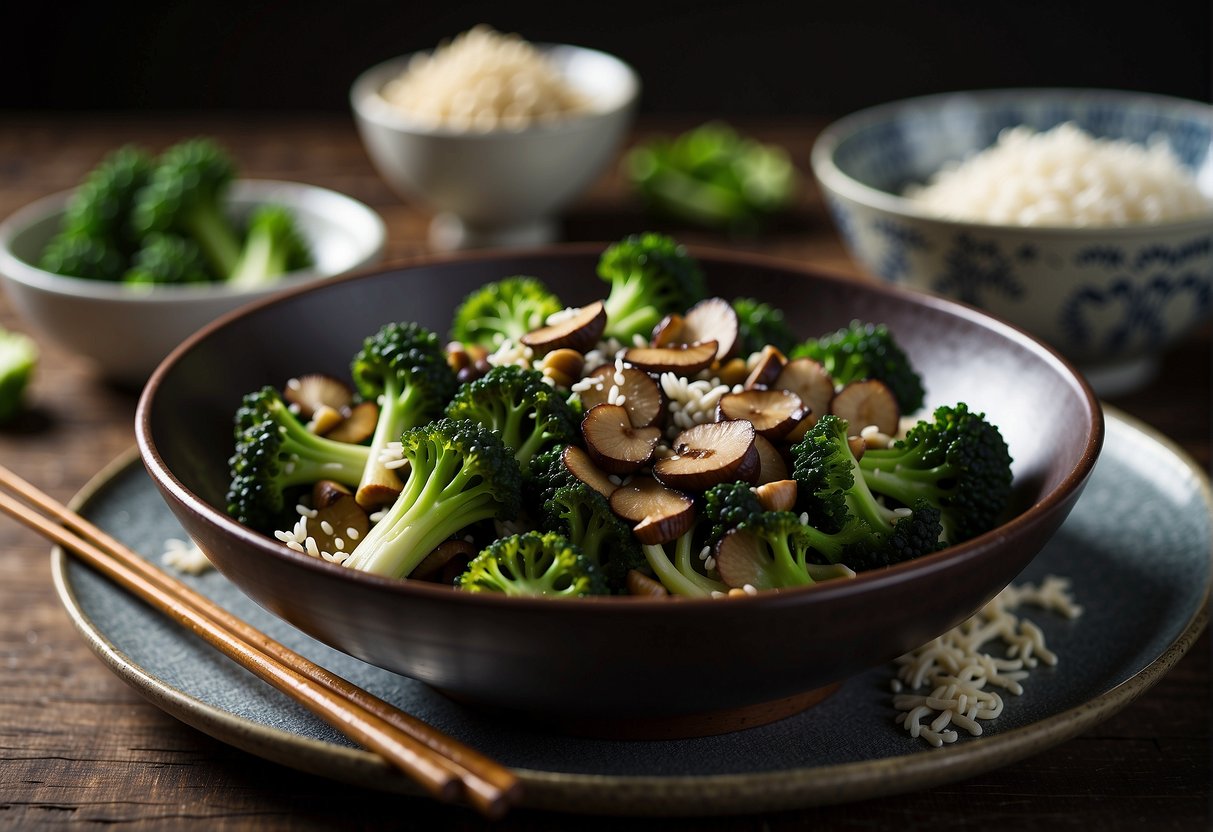 A steaming plate of Chinese-style broccoli mushroom dish, with a side of white rice and a pair of chopsticks