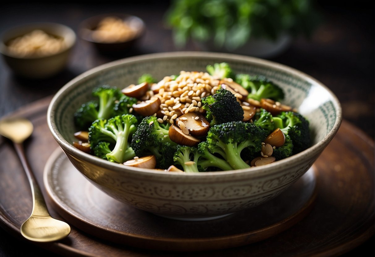 A steaming bowl of Chinese-style broccoli and mushroom stir-fry, garnished with sesame seeds and served on a decorative plate