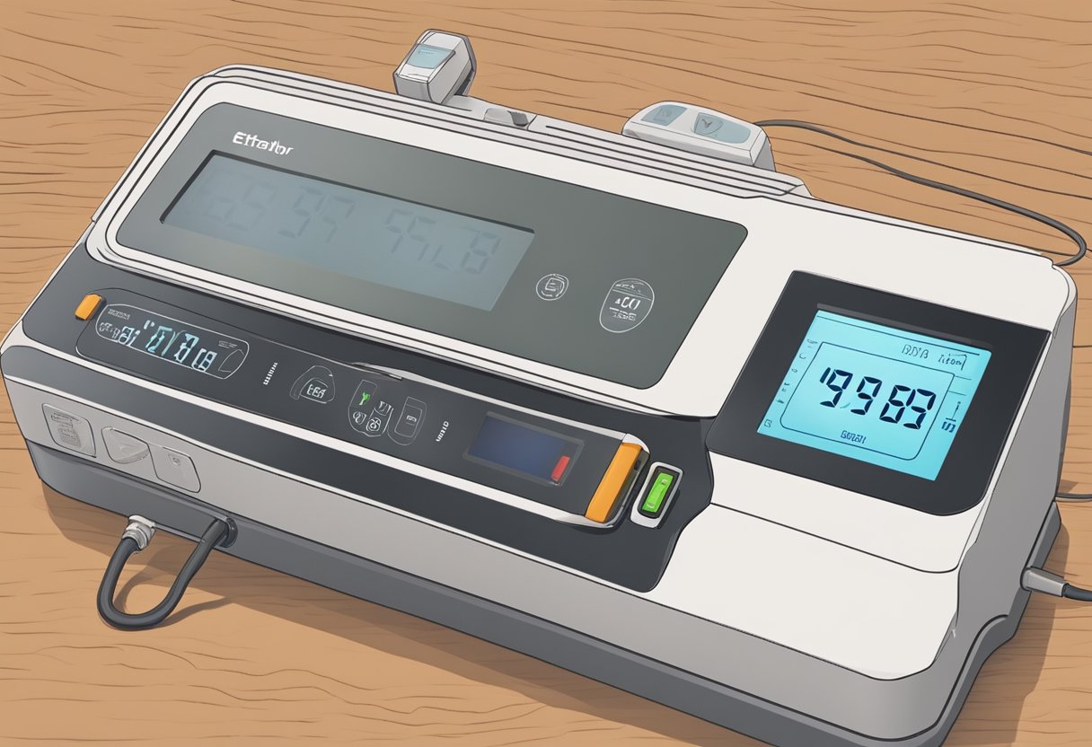 A breathalyzer machine sits on a desk, with a digital display showing a reading. A hand reaches out to press the power button, emphasizing the technical aspect of the ethylometry process