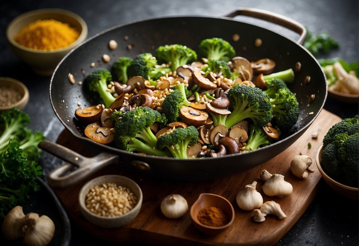 Broccoli and mushrooms sizzling in a wok with soy sauce and ginger, surrounded by colorful Chinese spices and herbs