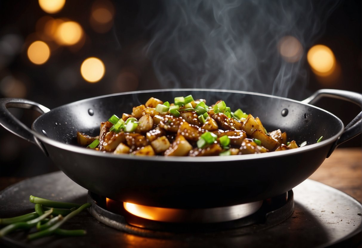 A wok sizzles with diced brinjal, stir-frying in a savory Chinese sauce with garlic, ginger, and soy. Chopped green onions and sesame seeds garnish the dish