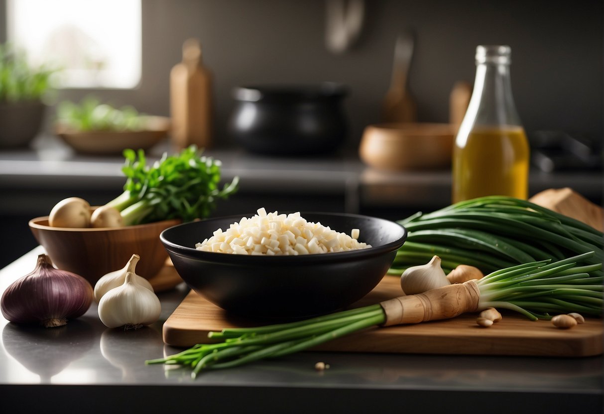 Fresh brinjal, ginger, garlic, soy sauce, and green onions laid out on a clean kitchen counter. A wok and spatula sit nearby, ready for cooking